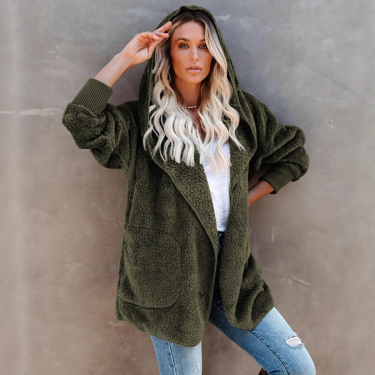 2022 Women's Long Sleeve Hooded Plush Cardigan Jacket - Image 13
