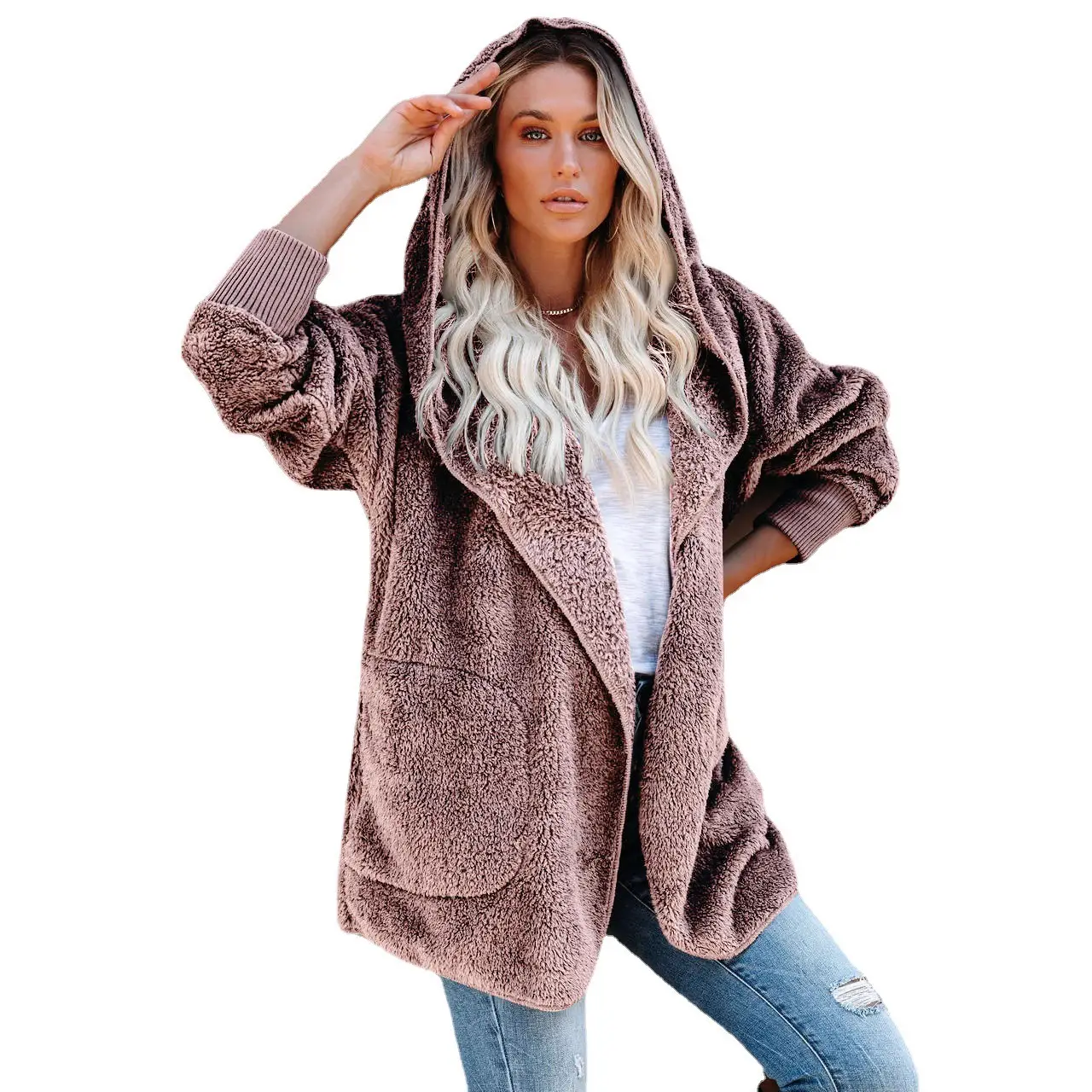 2022 Women's Long Sleeve Hooded Plush Cardigan Jacket - Image 14