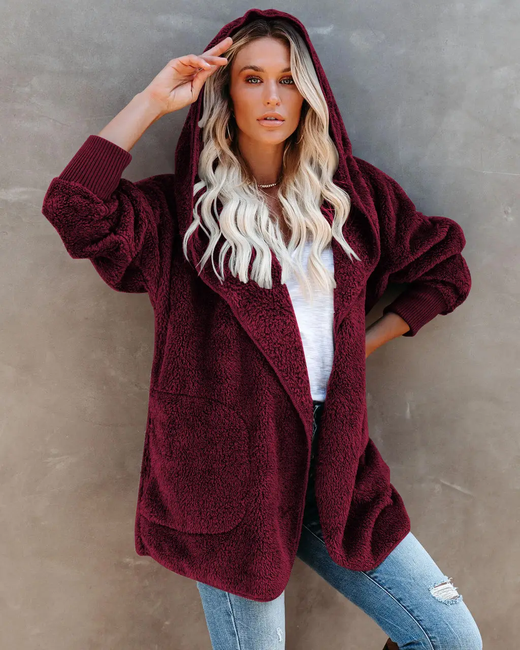 2022 Women's Long Sleeve Hooded Plush Cardigan Jacket - Image 2