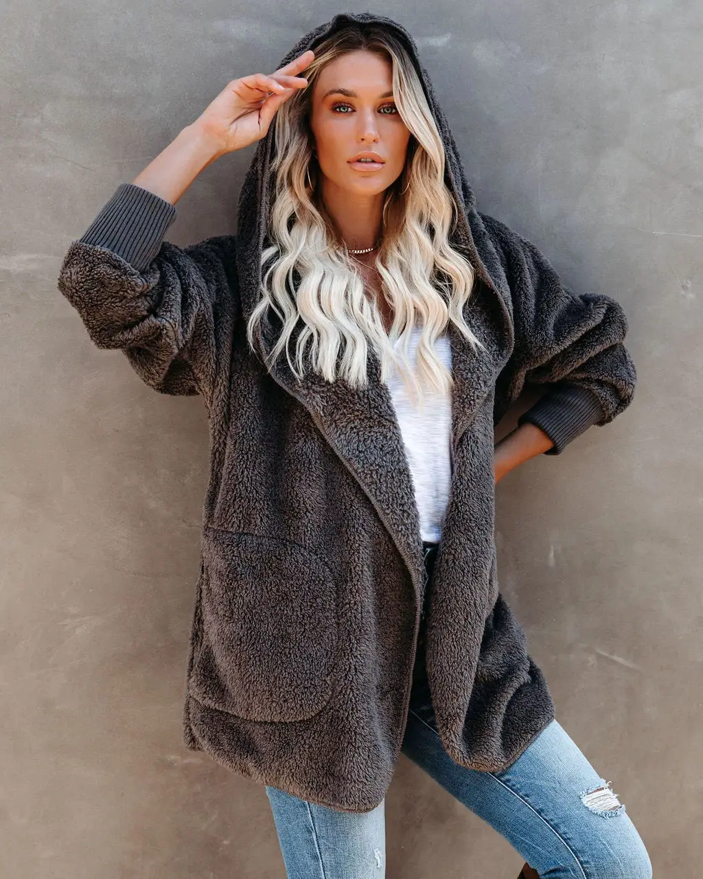 2022 Women's Long Sleeve Hooded Plush Cardigan Jacket - Image 7