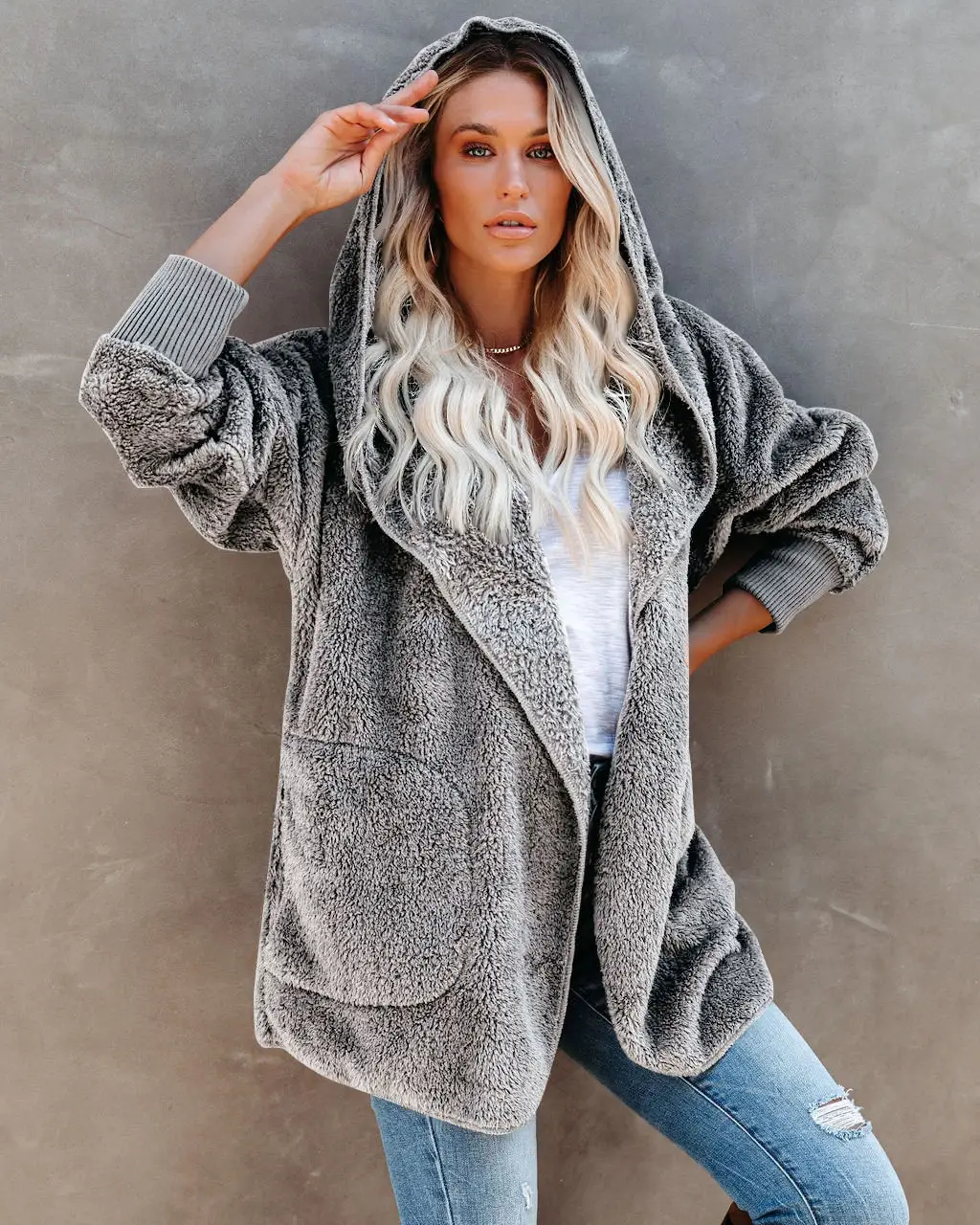 2022 Women's Long Sleeve Hooded Plush Cardigan Jacket - Image 8