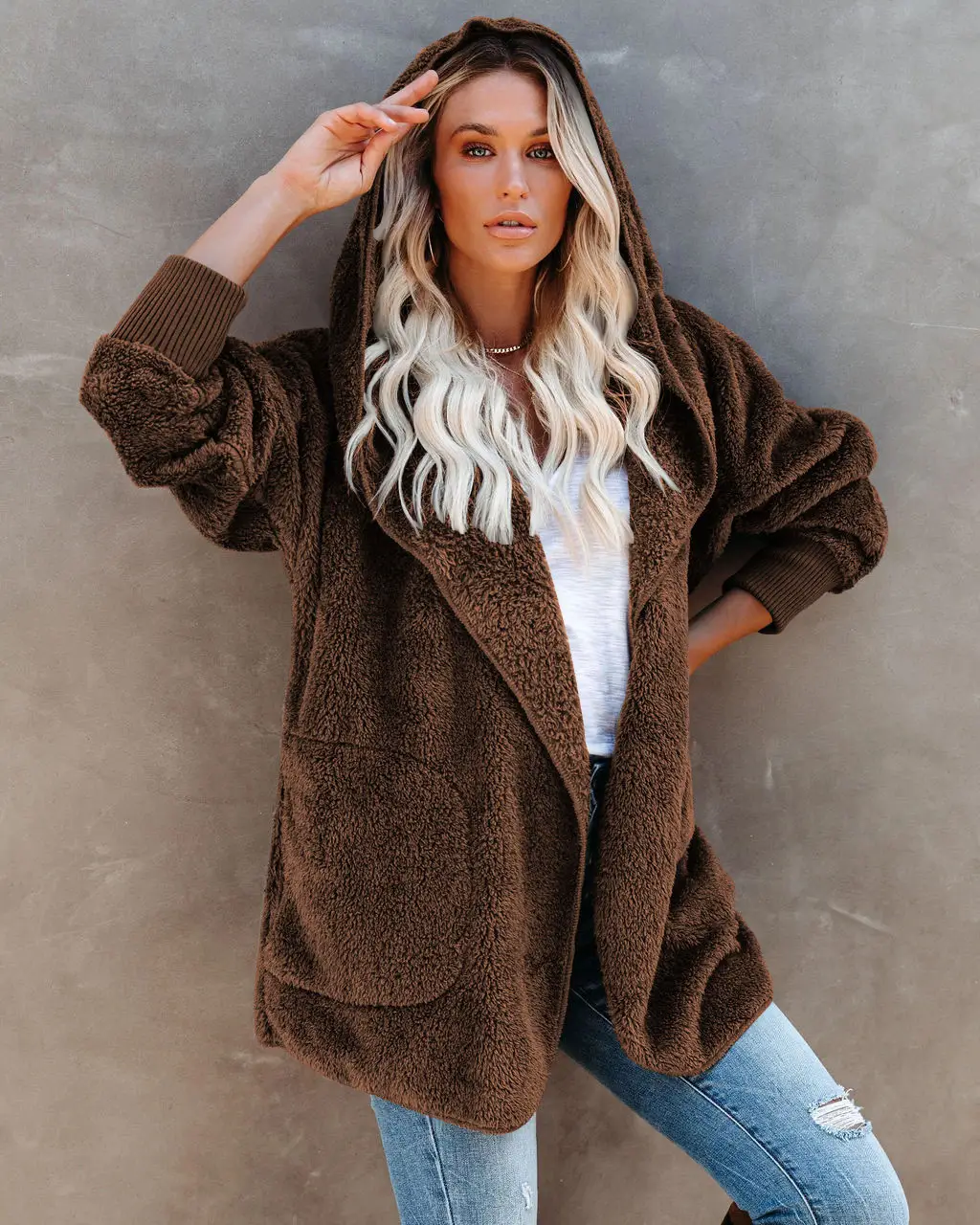 2022 Women's Long Sleeve Hooded Plush Cardigan Jacket - Image 9