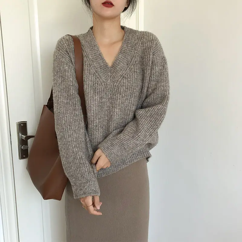 Women V-neck Pullover Sweater Brown Knitted Loose Autumn Winter - Image 5