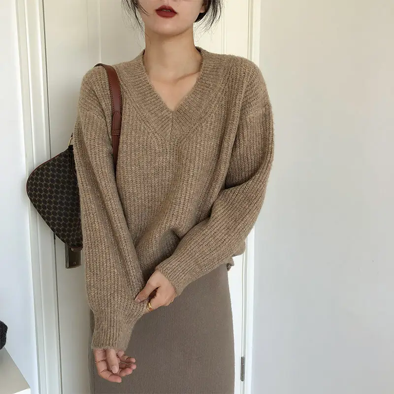 Women V-neck Pullover Sweater Brown Knitted Loose Autumn Winter - Image 6