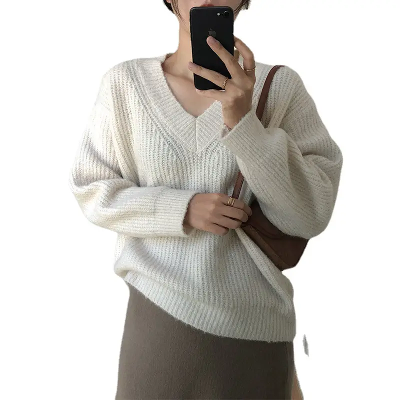 Women V-neck Pullover Sweater Brown Knitted Loose Autumn Winter - Image 8