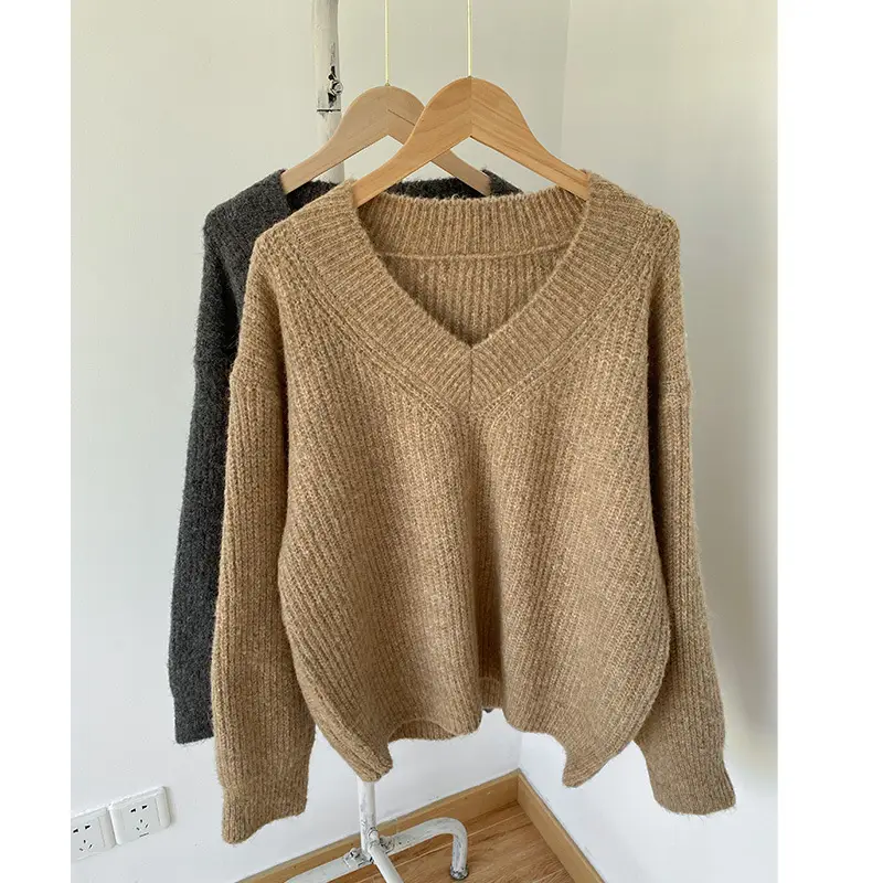 Women V-neck Pullover Sweater Brown Knitted Loose Autumn Winter — feature 2
