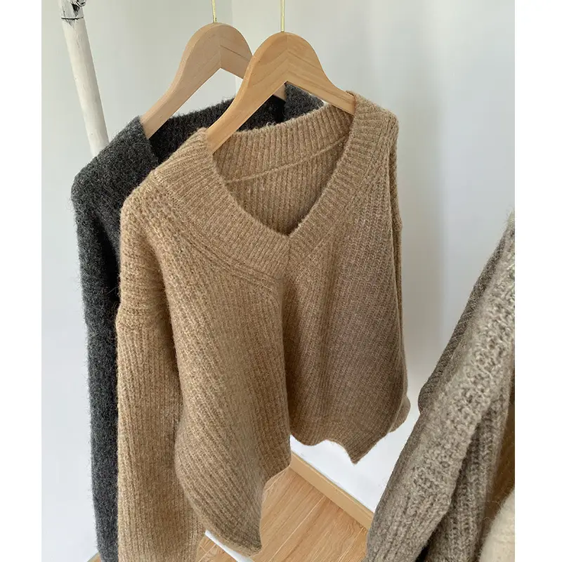 Women V-neck Pullover Sweater Brown Knitted Loose Autumn Winter — feature 4