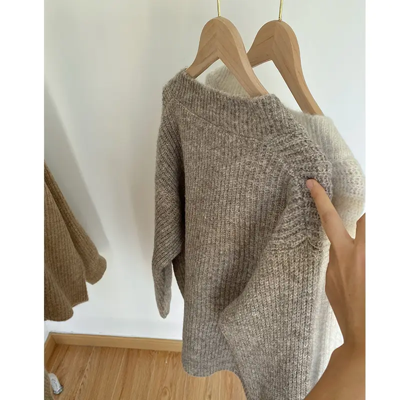 Women V-neck Pullover Sweater Brown Knitted Loose Autumn Winter — feature 5