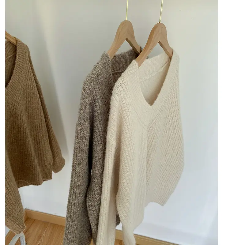 Women V-neck Pullover Sweater Brown Knitted Loose Autumn Winter — feature 6
