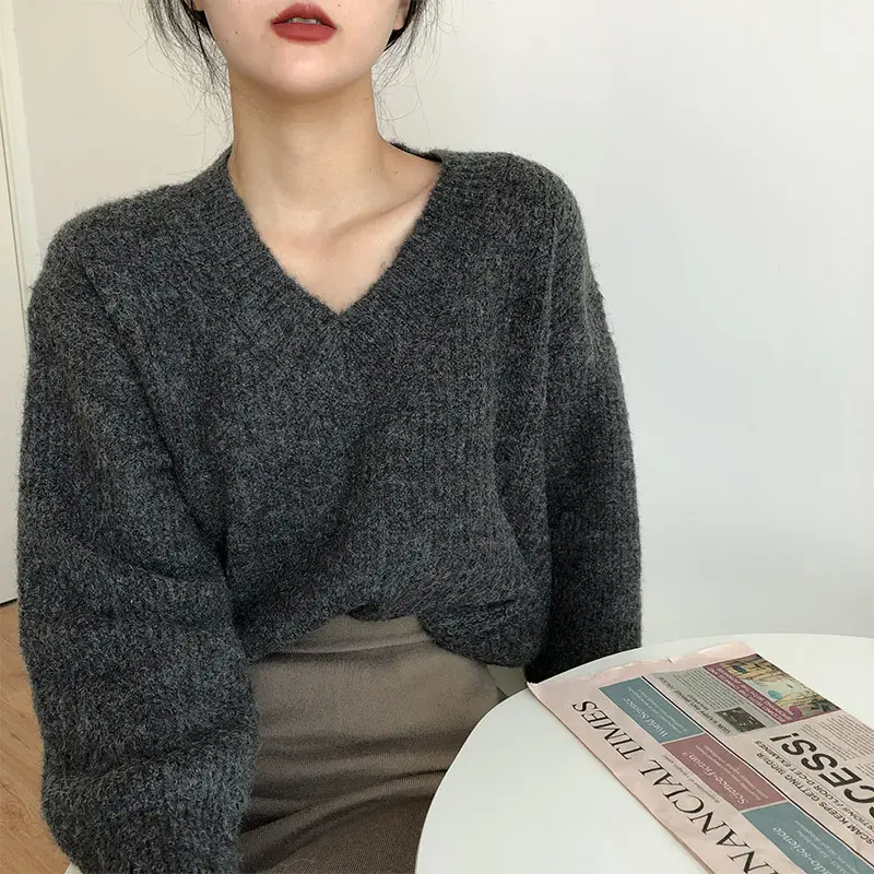 Women V-neck Pullover Sweater Brown Knitted Loose Autumn Winter - Image 2