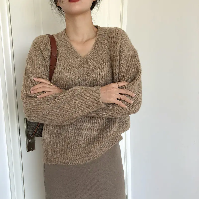 Women V-neck Pullover Sweater Brown Knitted Loose Autumn Winter - Image 3