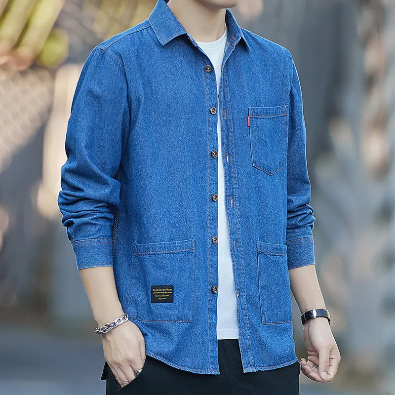 Men Cotton Denim Long Sleeve Shirt Multi Pocket Hong Kong Style - Image 3
