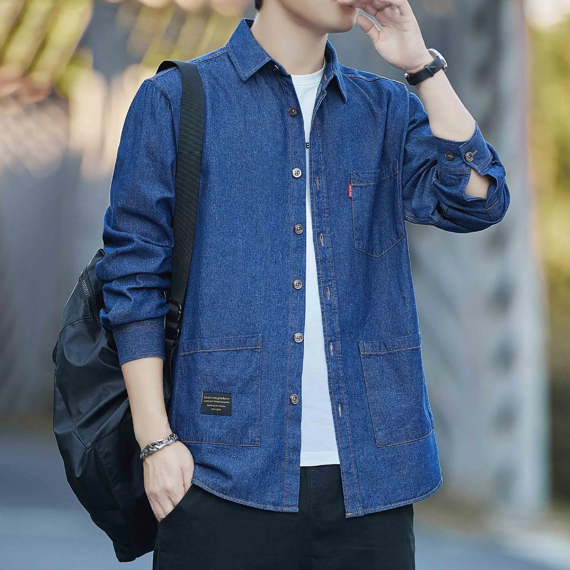 Men Cotton Denim Long Sleeve Shirt Multi Pocket Hong Kong Style - Image 2