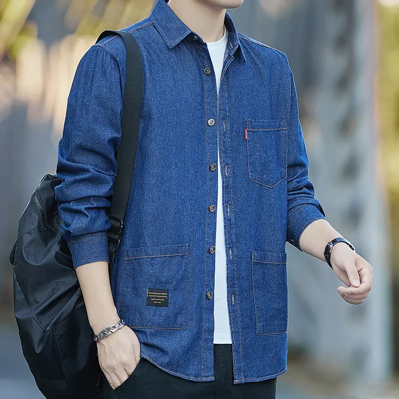 Men Cotton Denim Long Sleeve Shirt Multi Pocket Hong Kong Style - Image 4