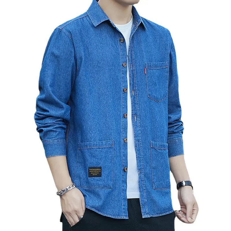 Men Cotton Denim Long Sleeve Shirt Multi Pocket Hong Kong Style - Image 5