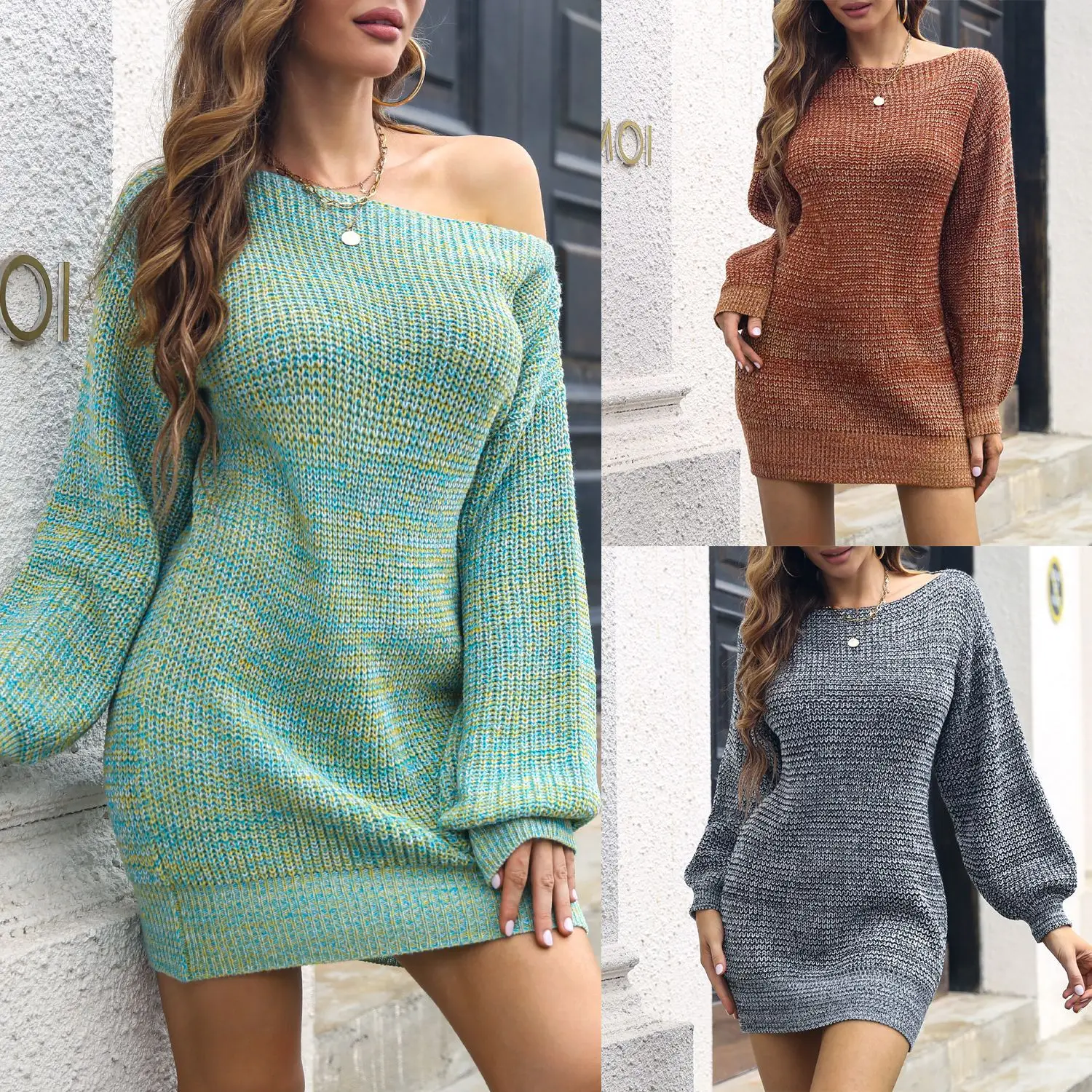 Women Woolen Lantern Dress Open Shoulder 2022 Winter - Image 4
