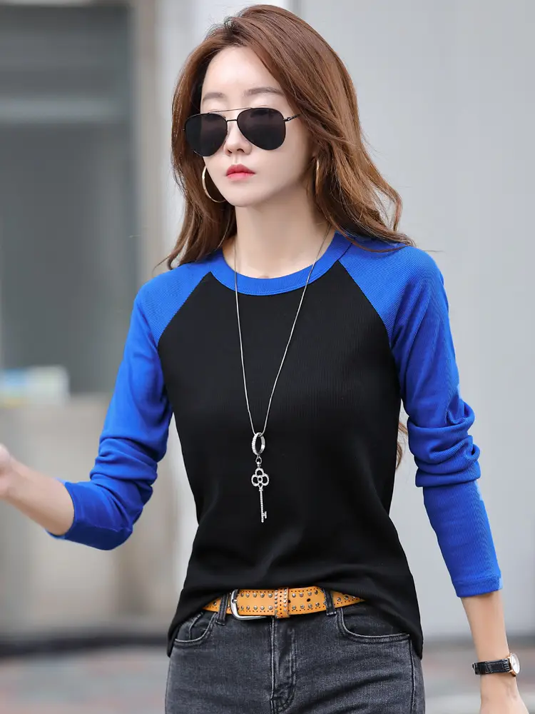 Women Raglan Sleeve T-Shirt Grey Black Spring Fall Korean Style