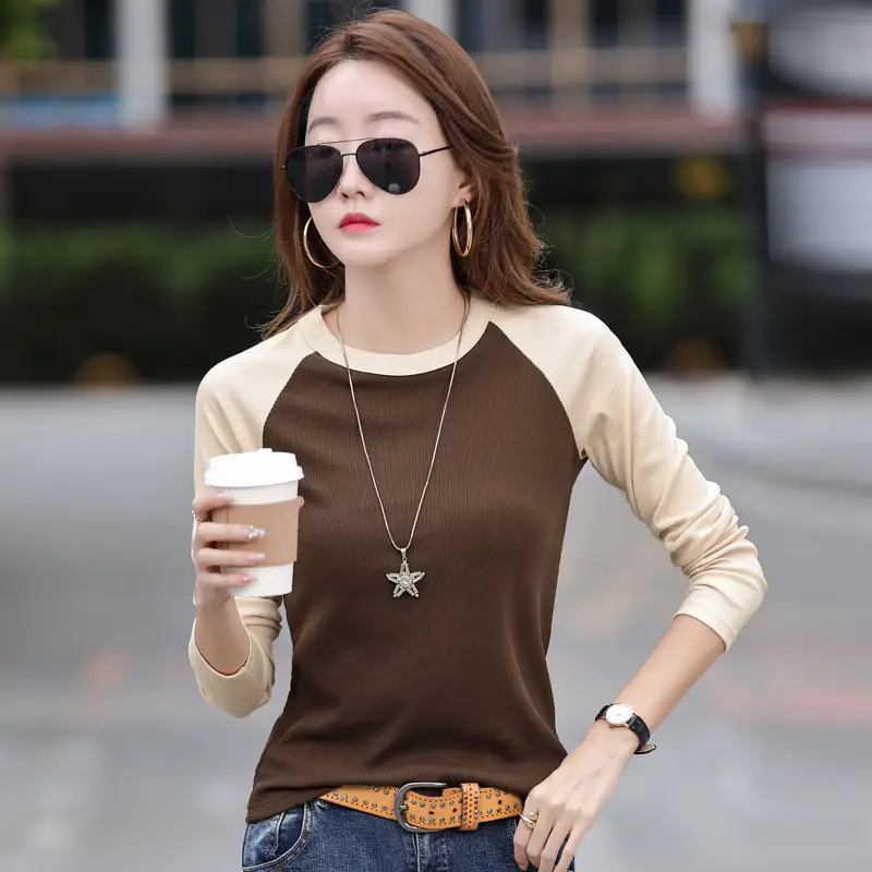 Women Raglan Sleeve T-Shirt Grey Black Spring Fall Korean Style