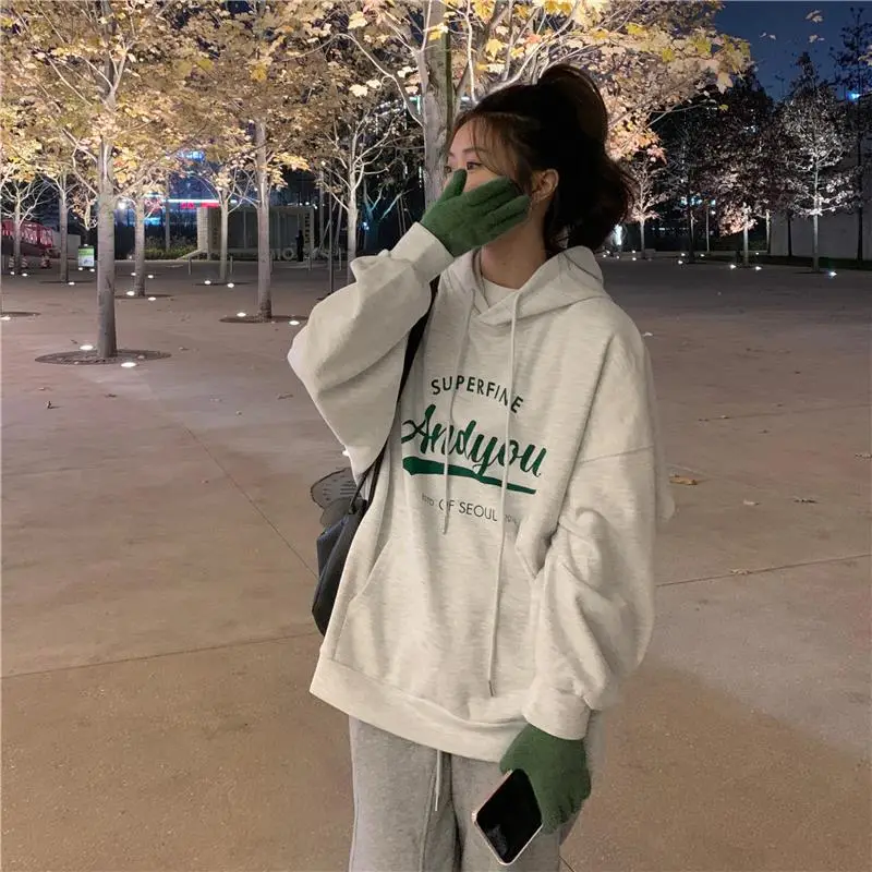 Women Oversize Hoodie Sweatshirt Grey Anyou Print — feature 25