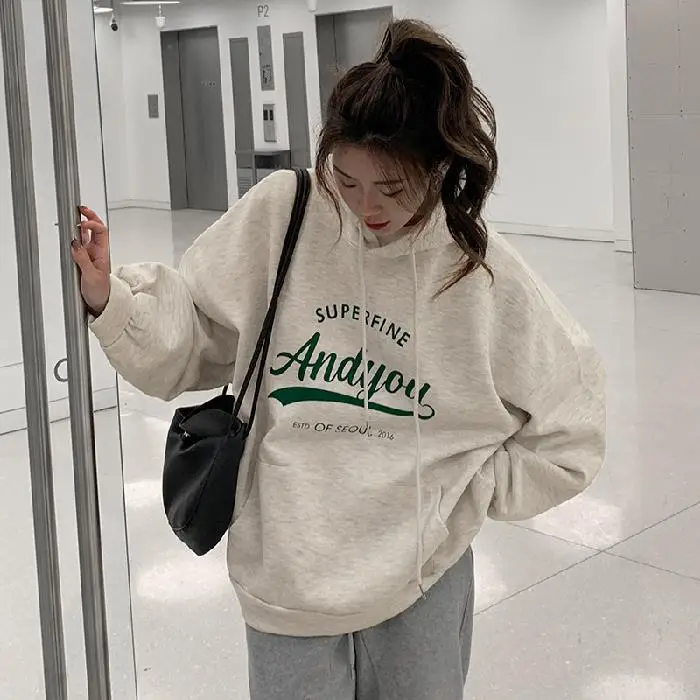 Women Oversize Hoodie Sweatshirt Grey Anyou Print - Image 2