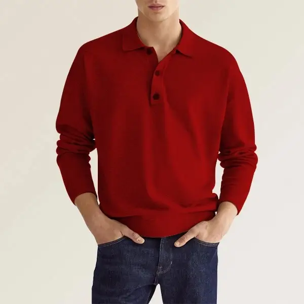 Men's 2022 Polo Shirt V Neck Button Long Sleeve