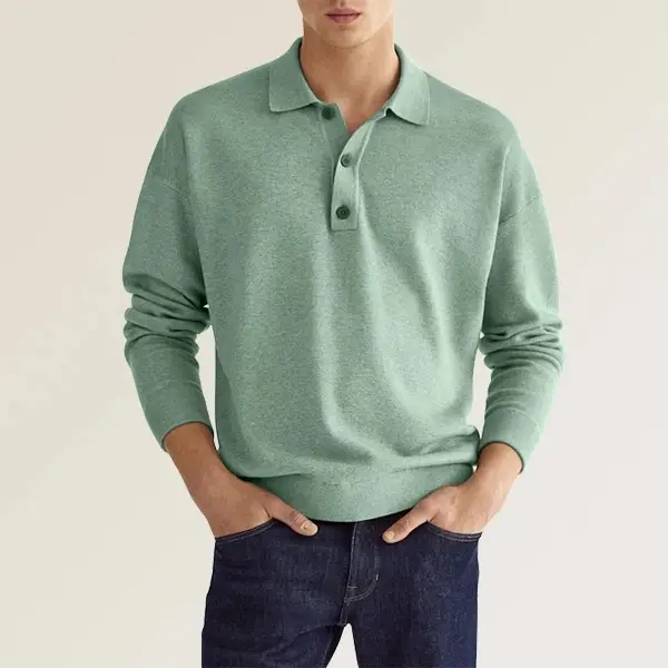 Men's 2022 Polo Shirt V Neck Button Long Sleeve
