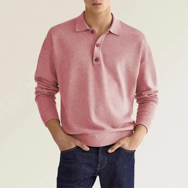 Men's 2022 Polo Shirt V Neck Button Long Sleeve