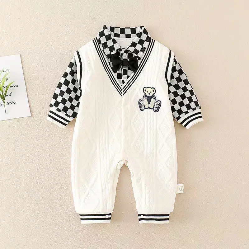 Newborn Infant White Checkered Jumpsuit Spring Autumn - Image 4