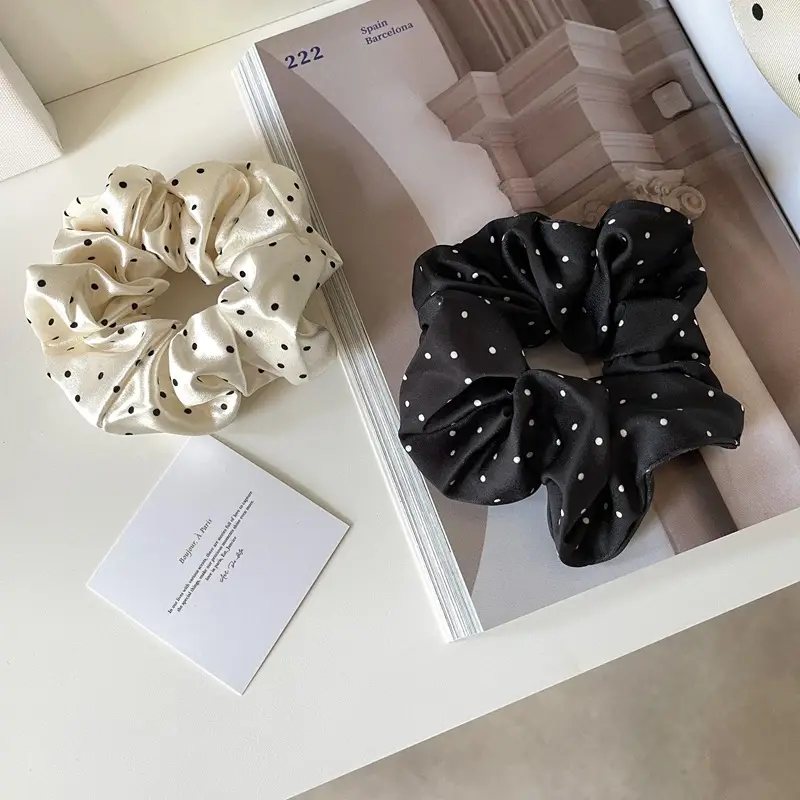 Black Satin Hair Ring with White Polka Dot Bow - Image 7