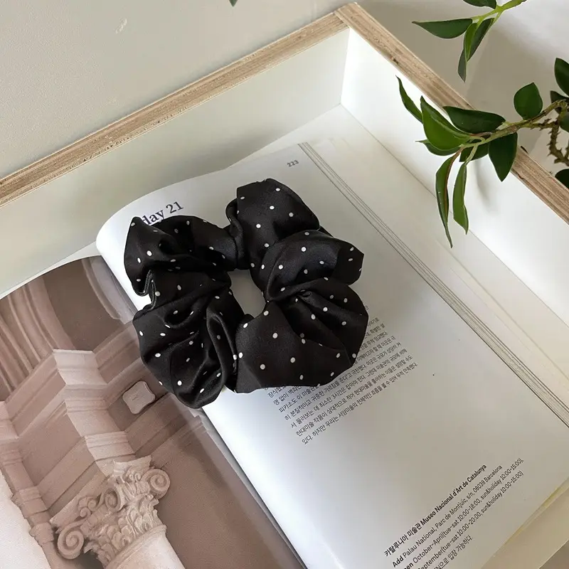 Black Satin Hair Ring with White Polka Dot Bow - Image 2