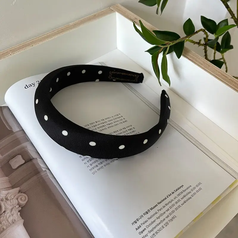Black Satin Hair Ring with White Polka Dot Bow - Image 4