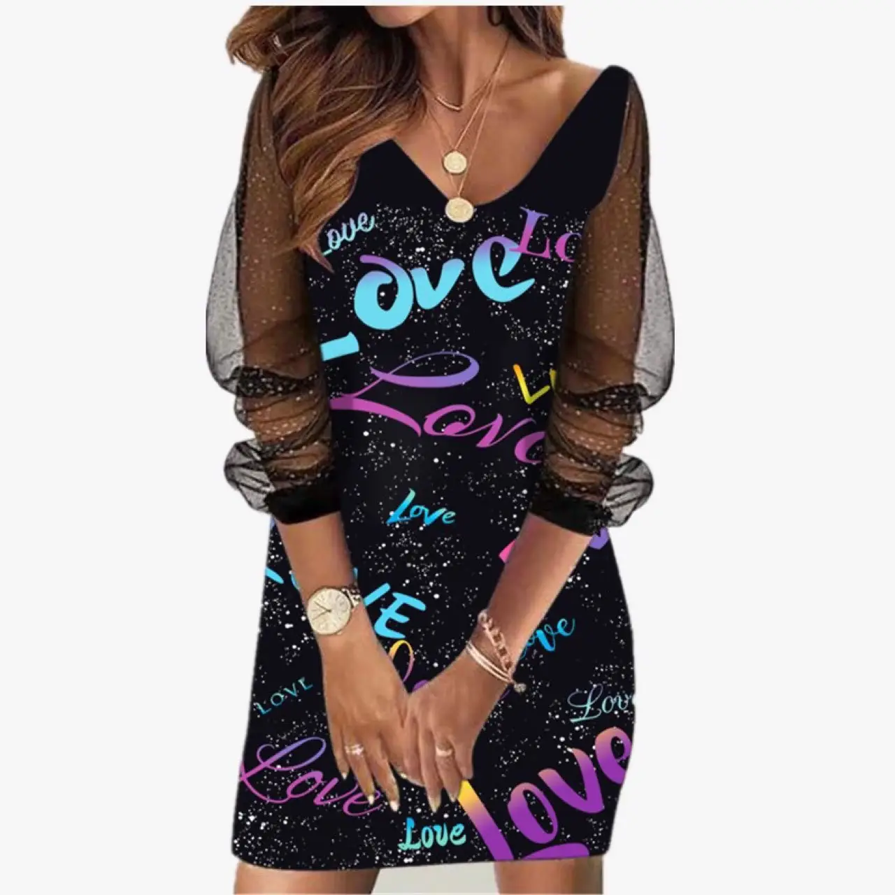 Black Crossbody Dress with Mesh Long Sleeve V-Neck - Image 7