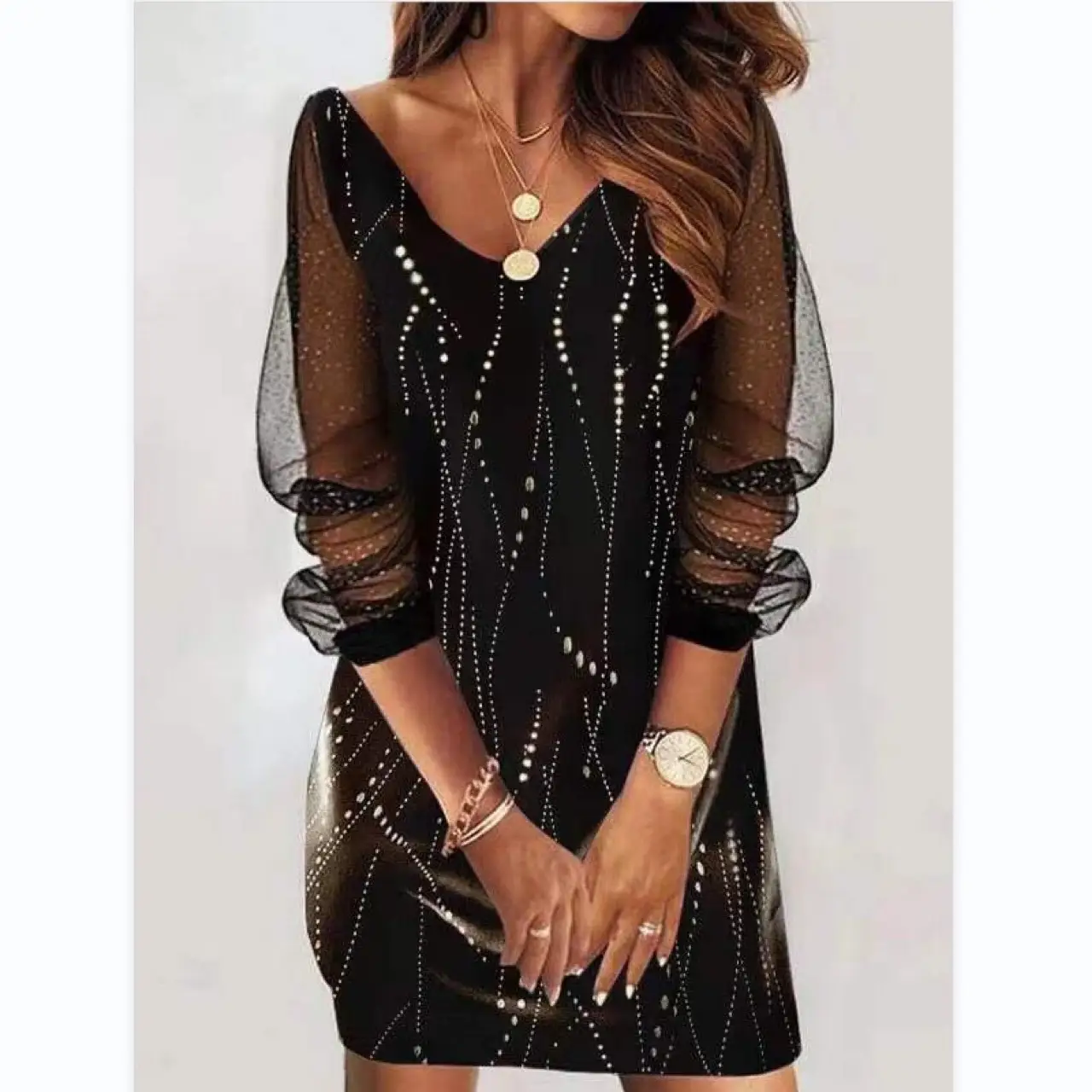Black Crossbody Dress with Mesh Long Sleeve V-Neck - Image 6