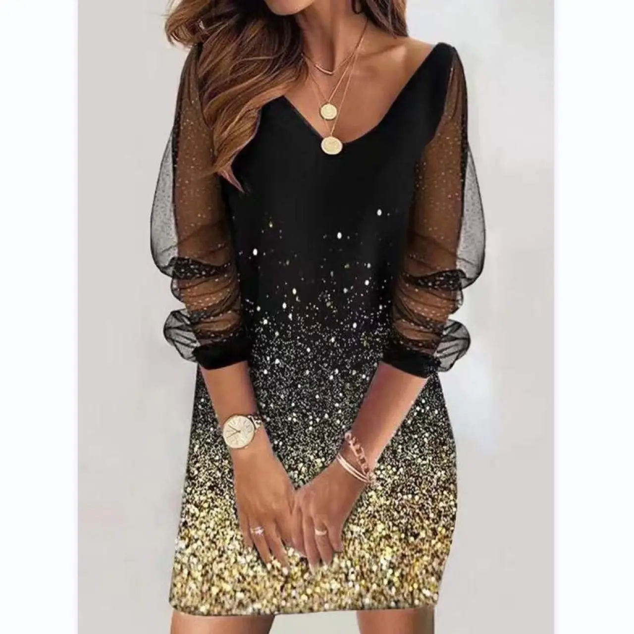 Black Crossbody Dress with Mesh Long Sleeve V-Neck - Image 3
