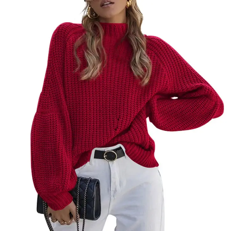 Women Knitted Turtleneck Sweater Maroon Crossbody - Image 9