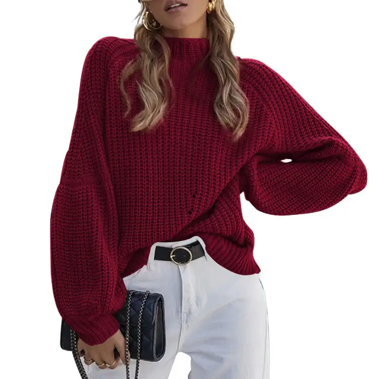 Women Knitted Turtleneck Sweater Maroon Crossbody - Image 10