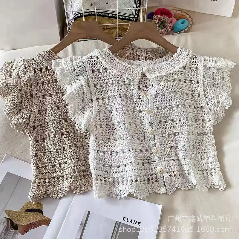 Women Korean Crochet Lapel Sweater White Short Sleeve