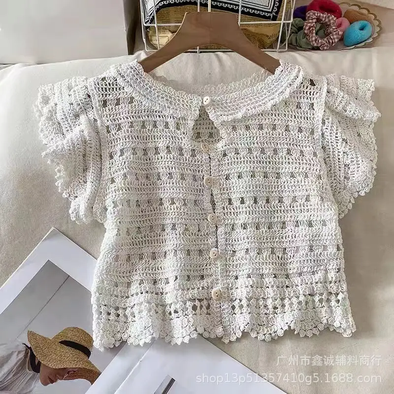 Women Korean Crochet Lapel Sweater White Short Sleeve