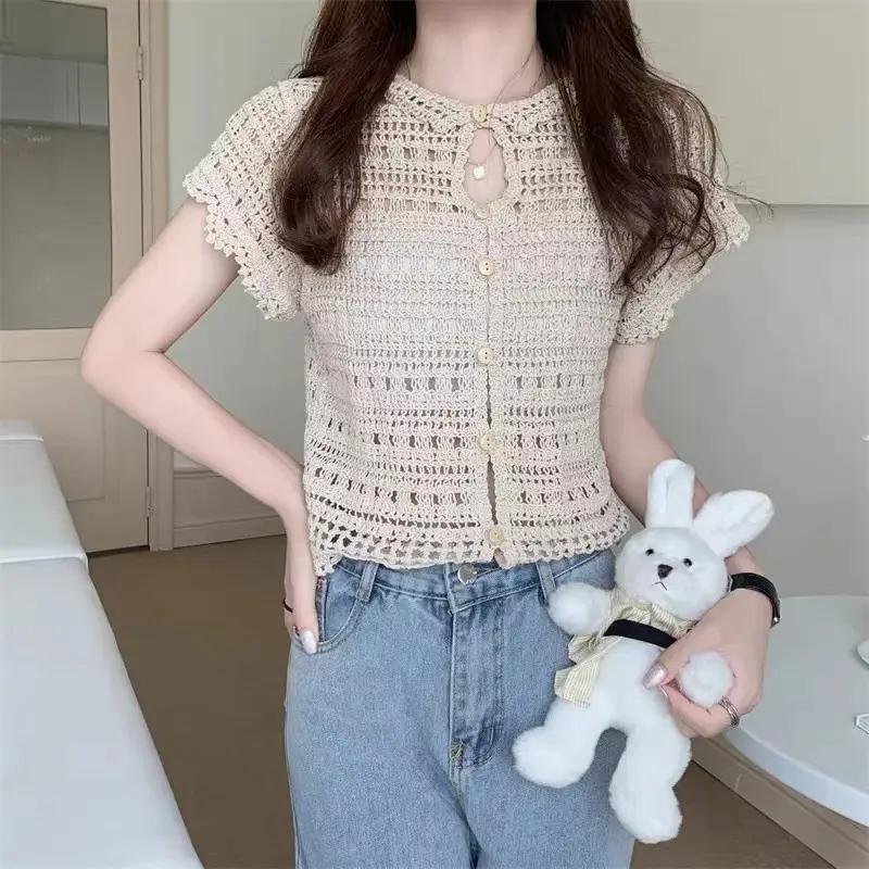 Women Korean Crochet Lapel Sweater White Short Sleeve