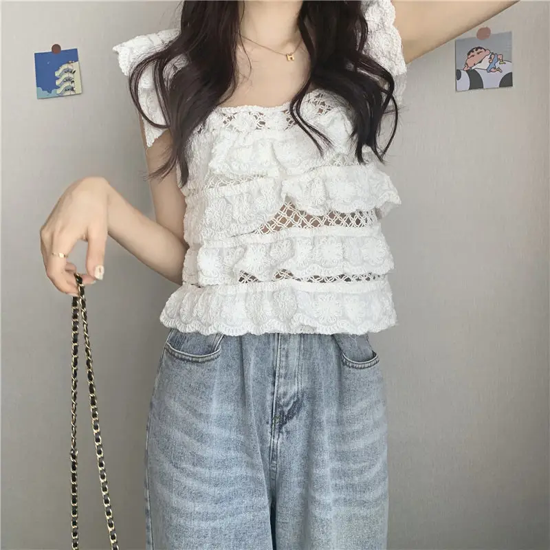 Women Korean Crochet Lapel Sweater White Short Sleeve