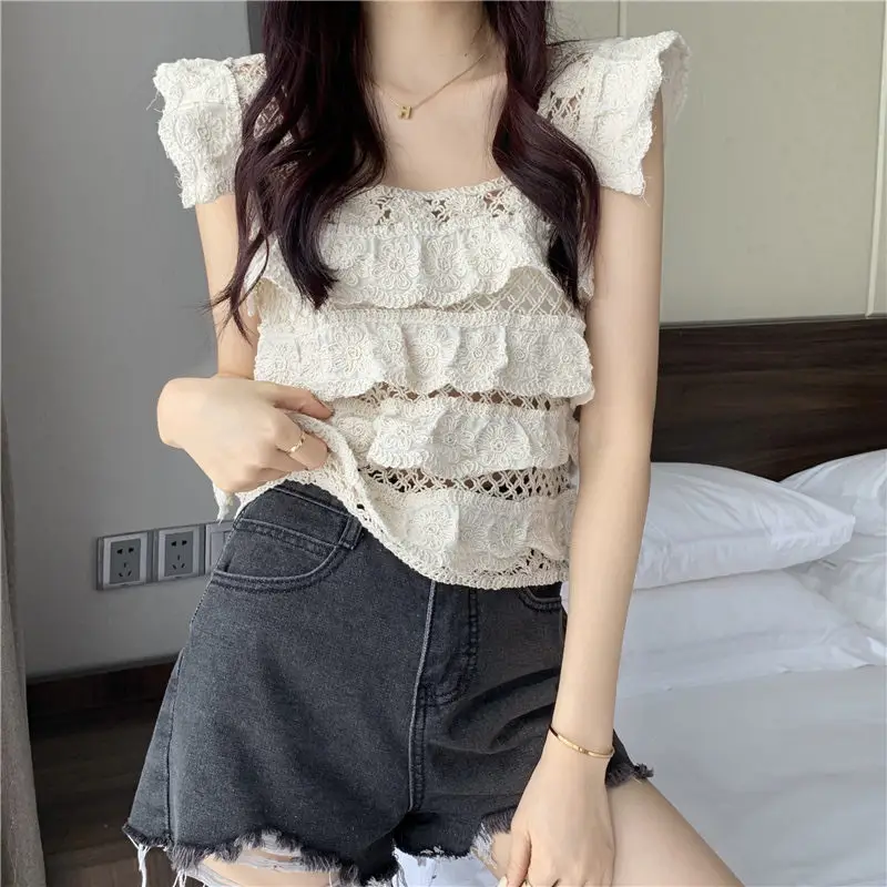 Women Korean Crochet Lapel Sweater White Short Sleeve