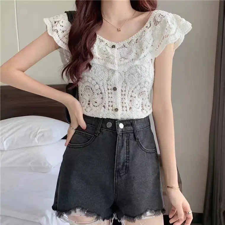 Women Korean Crochet Lapel Sweater White Short Sleeve