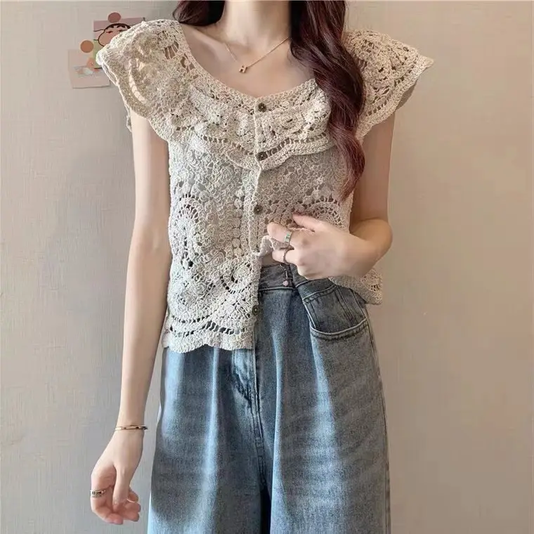 Women Korean Crochet Lapel Sweater White Short Sleeve