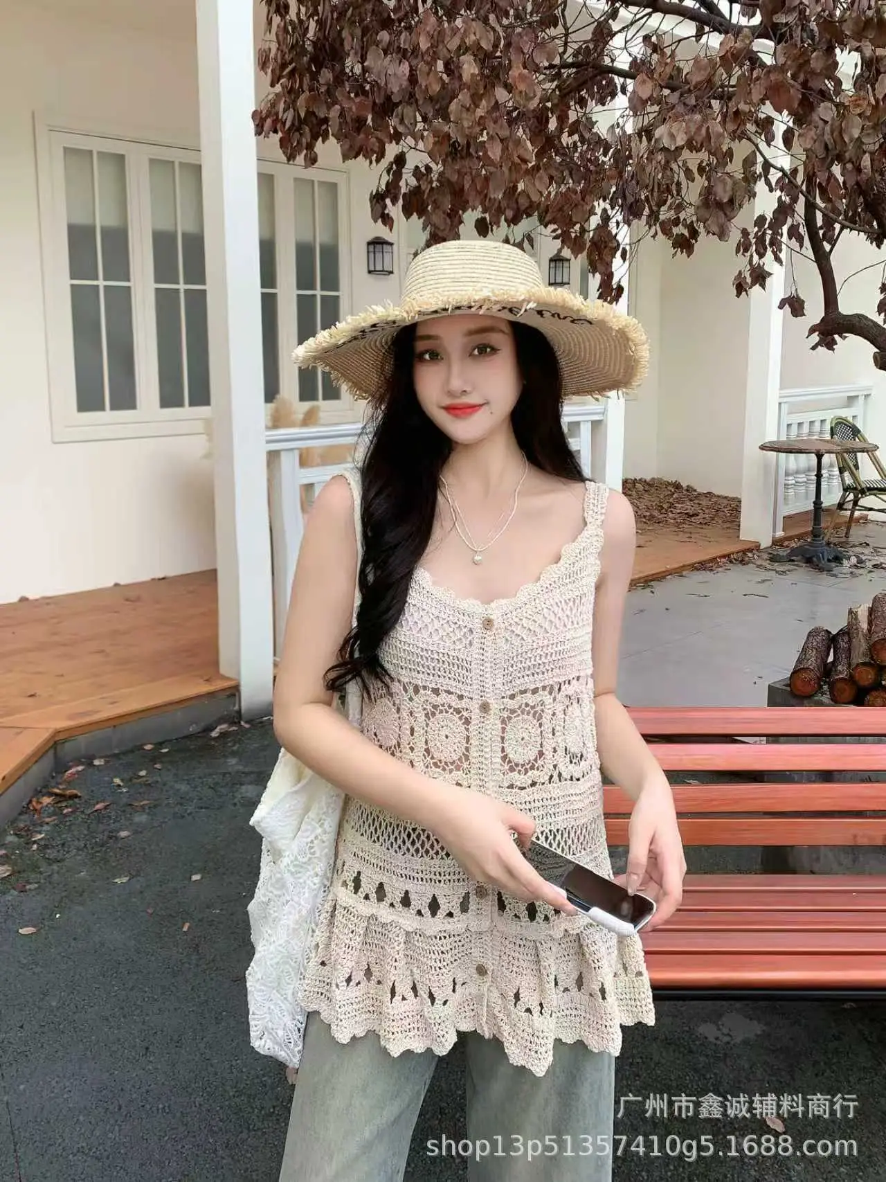 Women Korean Crochet Lapel Sweater White Short Sleeve