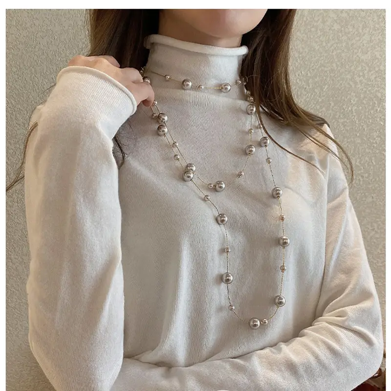 Champagne Pearl Necklace Women Long Gold Chain Multi Layer - Image 6