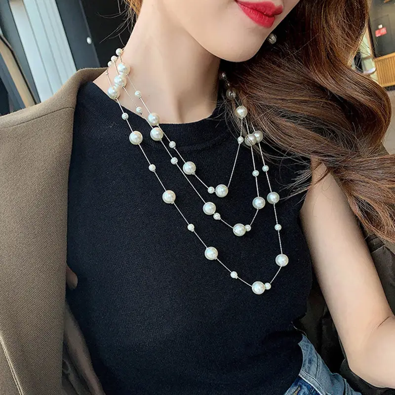 Champagne Pearl Necklace Women Long Gold Chain Multi Layer - Image 7