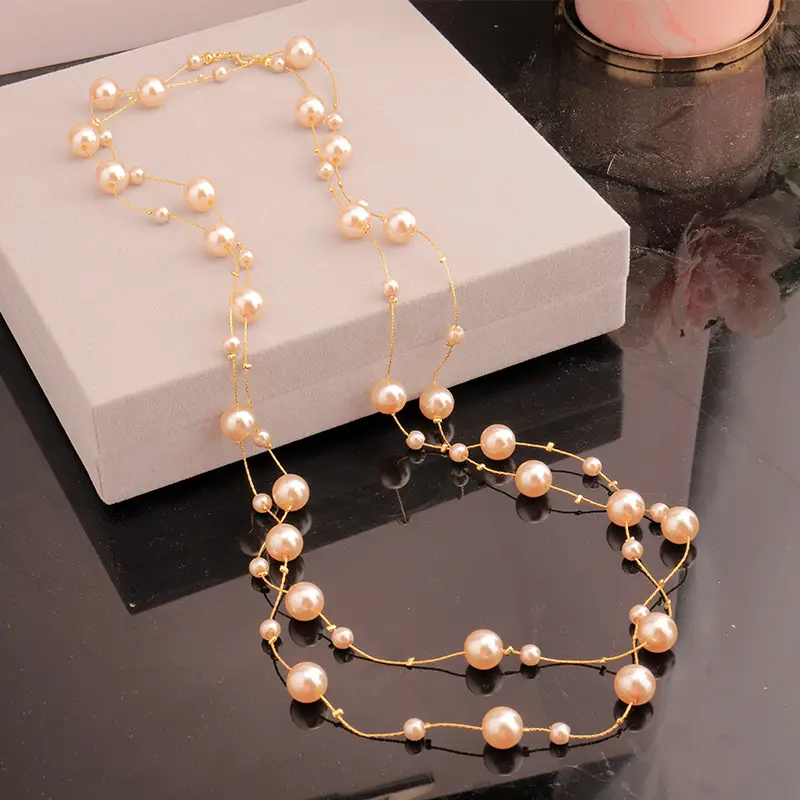 Champagne Pearl Necklace Women Long Gold Chain Multi Layer - Image 8