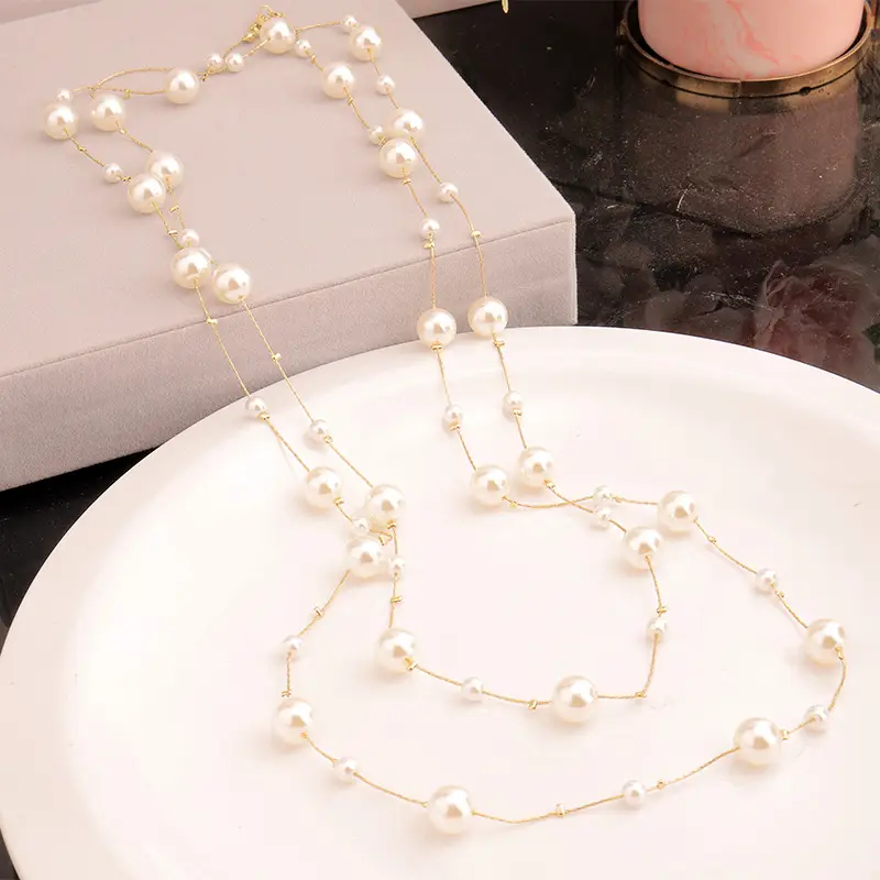 Champagne Pearl Necklace Women Long Gold Chain Multi Layer - Image 2
