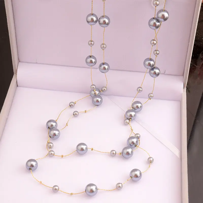 Champagne Pearl Necklace Women Long Gold Chain Multi Layer - Image 3