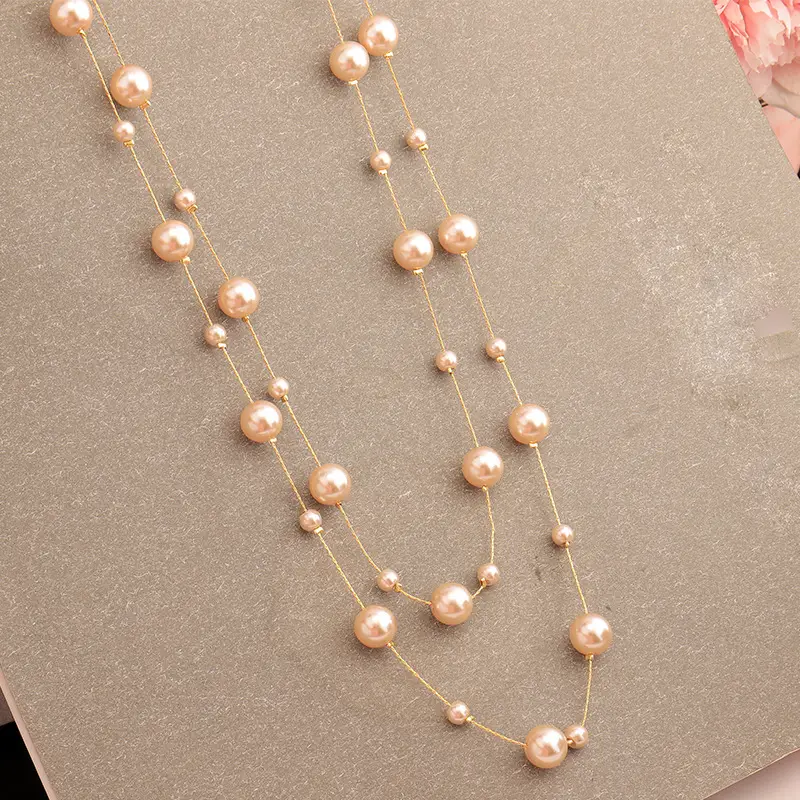 Champagne Pearl Necklace Women Long Gold Chain Multi Layer - Image 4